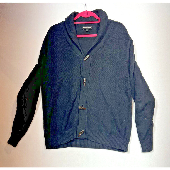 Express Mens Large Black Shawl Collar Button Up Cardigan Sweater - Picture 1 of 6